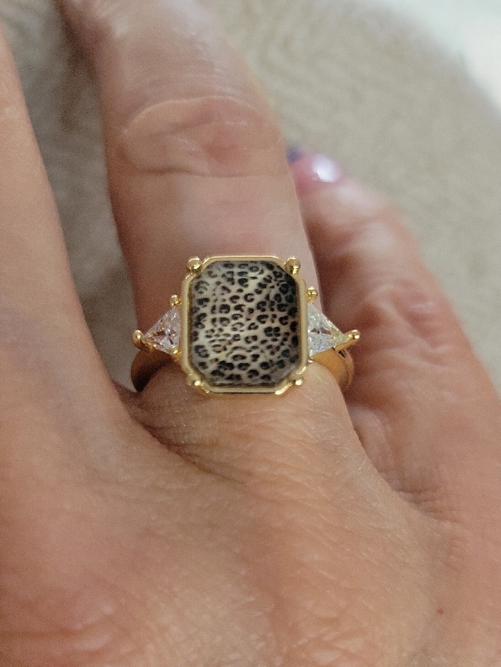 Gold Leopard Print Statement Ring with Clear Accent Stones
